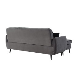 Canapé d'angle SWEETY velours gris pieds métal noir 4 places et 2 coussins