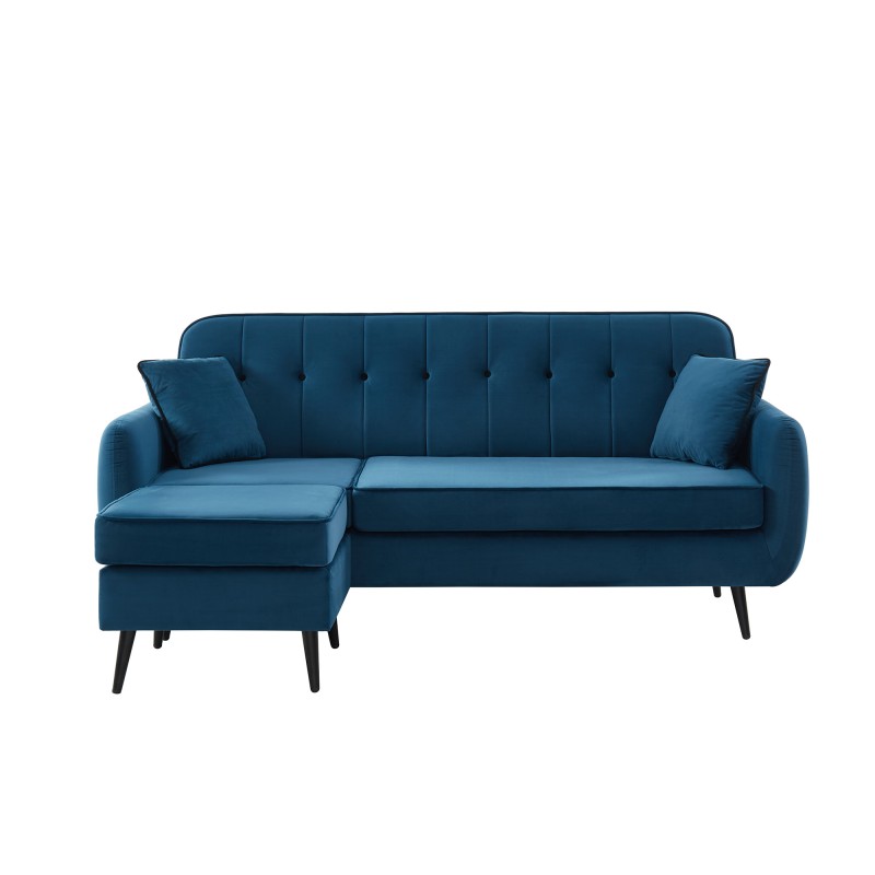 Canapé d'angle SWEETY en velours bleu 4 places pieds métal noir et 2 coussins