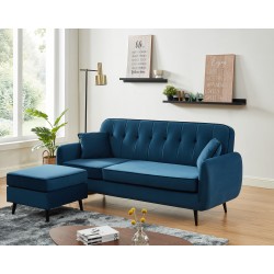 Canapé d'angle SWEETY en velours bleu 4 places pieds métal noir et 2 coussins