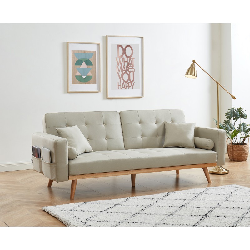 Canapé droit KELLY en tissu beige avec fonction convertible