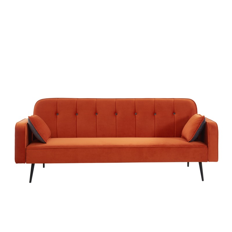 Canapé droit convertible  SWEETY en velours orange 3 places avec pieds en métal noir et 2 coussins inclus
