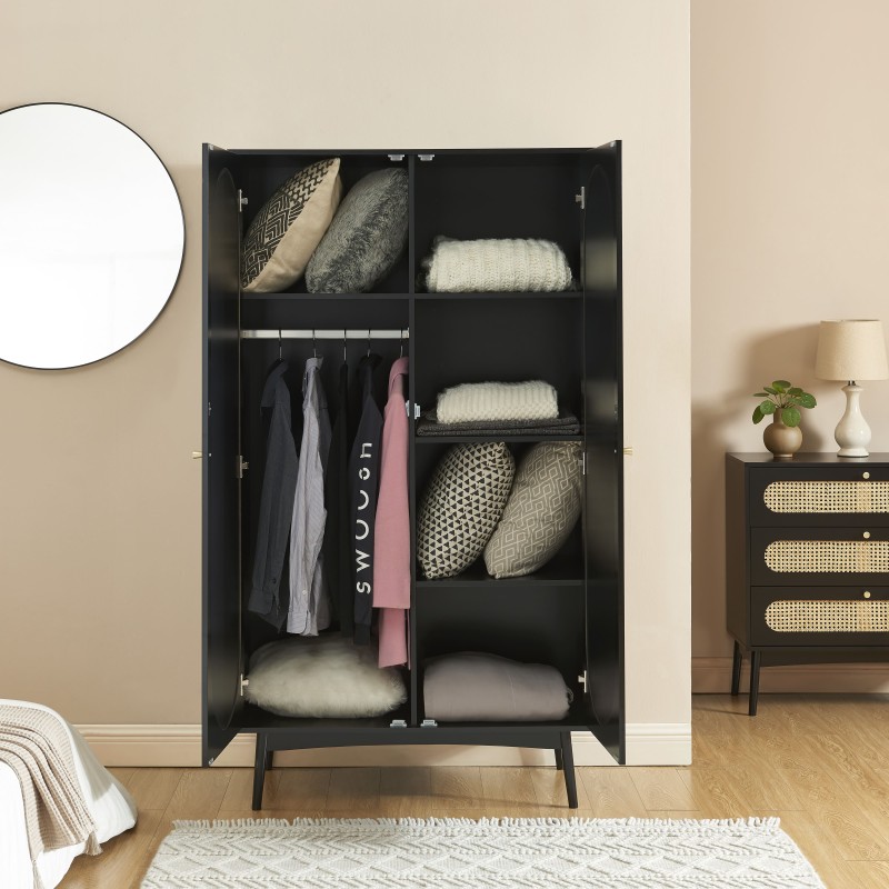 Armoire ANATOLE noir et cannage rotin 2 portes 100cm
