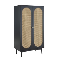Armoire ANATOLE noir et cannage rotin 2 portes 100cm