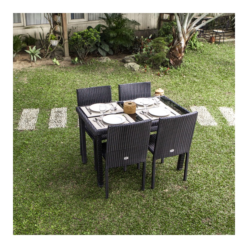 Ensemble repas TABLECHAIRP 4 places en résine tressée noire