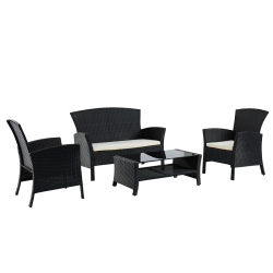 Salon de Jardin FIDJI 4 places en résine tressée noire et coussins beige