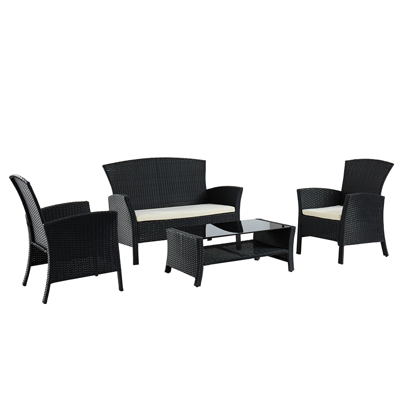 Salon de Jardin FIDJI 4 places en résine tressée noire et coussins beige