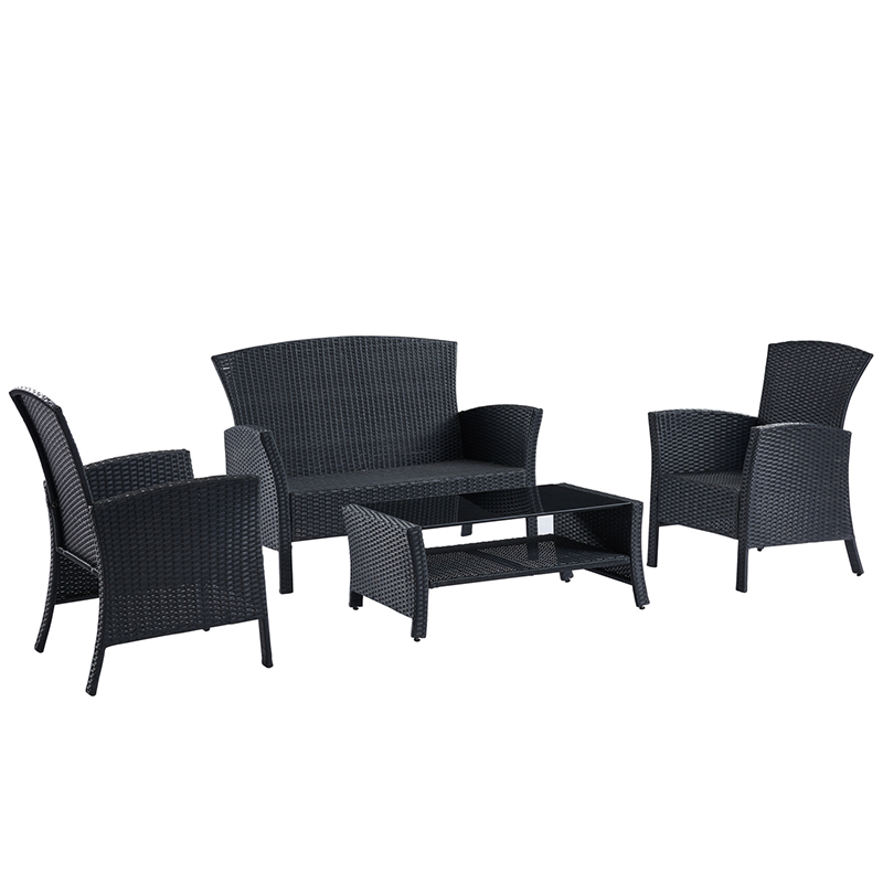 Salon de Jardin FIDJI 4 places en résine tressée noire et coussins beige