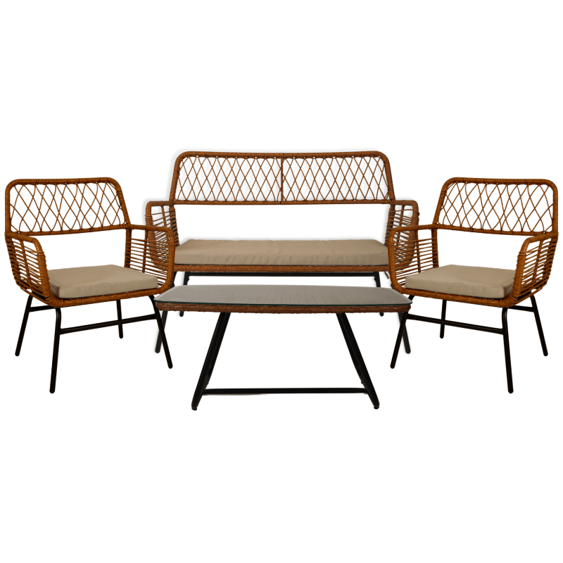 Salon de jardin ARIEL Coussins beige En Acier et Rotin Naturel