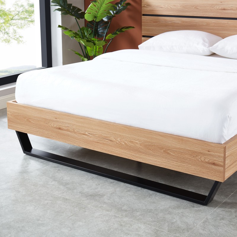 Lit FELIX effet chêne et métal noir 140x190 sommier inclus