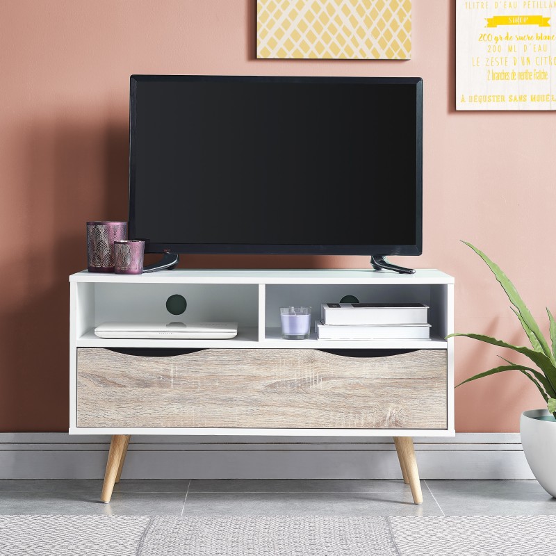 Meuble tv BELA blanc et effet chêne 90cm