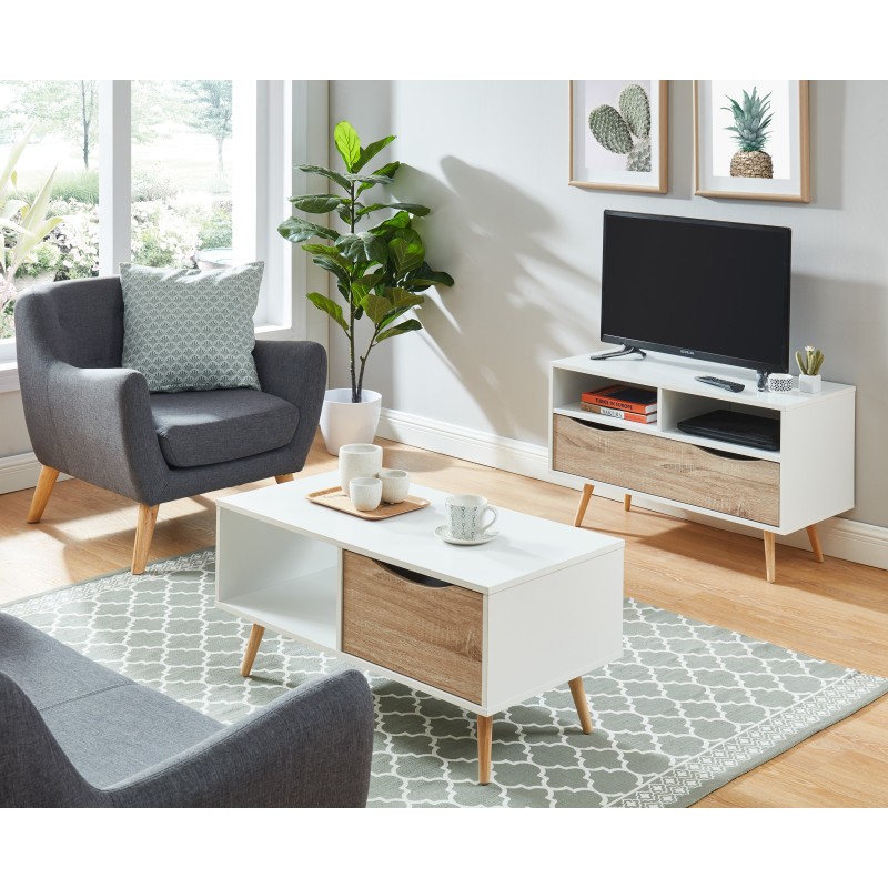 Meuble tv BELA blanc et effet chêne 90cm