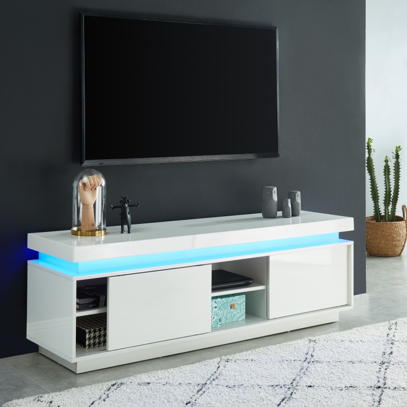 Meuble tv à led ULYSSE laqué blanc brillant 150cm