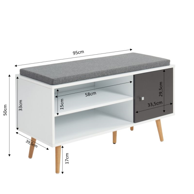 Banc à chaussures ADELE gris anthracite et blanc 95cm