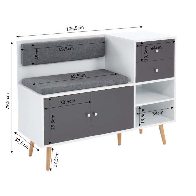 Banc à chaussures ADELE gris anthracite et blanc 106,5cm