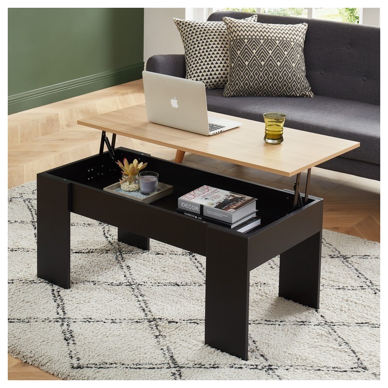 Table basse SIMON noir et effet chêne plateau relevable 100cm