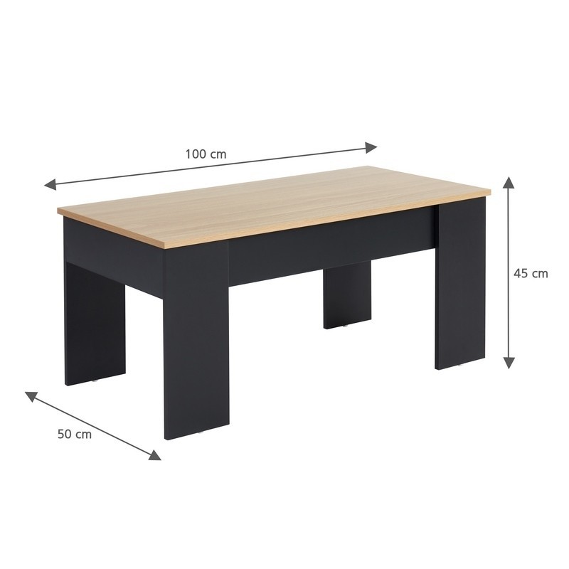 Table basse SIMON noir et effet chêne plateau relevable 100cm