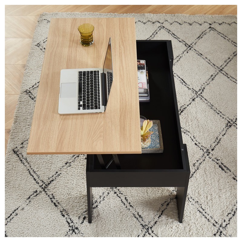 Table basse SIMON noir et effet chêne plateau relevable 100cm