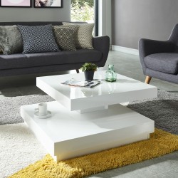 Table basse VEGAS laqué blanc brillant plateau pivotant 75cm