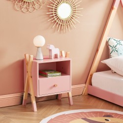 Table de chevet TIPI  rose et pin massif 46cm