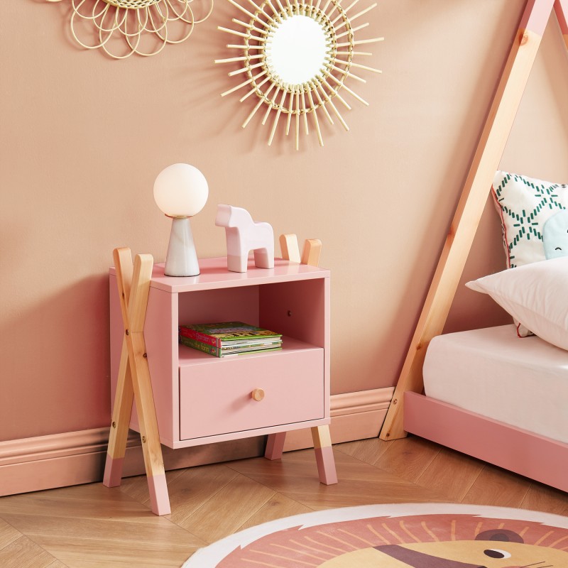 Table de chevet TIPI  rose et pin massif 46cm