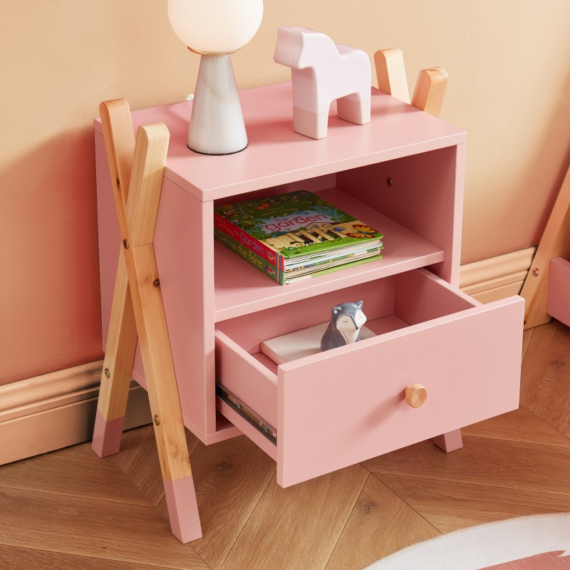 Table de chevet TIPI  rose et pin massif 46cm