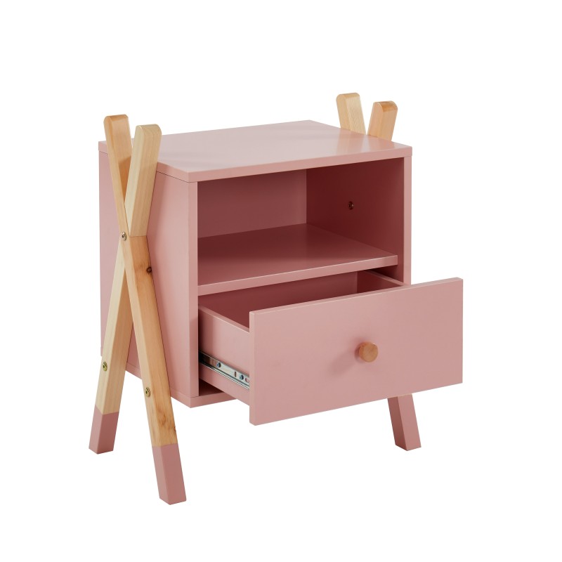 Table de chevet TIPI  rose et pin massif 46cm
