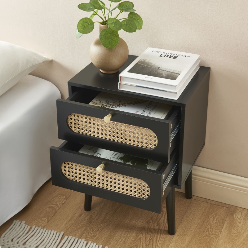 Table de chevet ANATOLE noir et cannage rotin 40cm