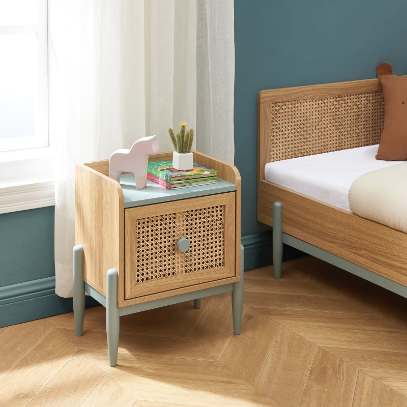 Table de chevet PABLO bleu et cannage rotin 40cm