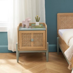 Table de chevet PABLO bleu et cannage rotin 40cm