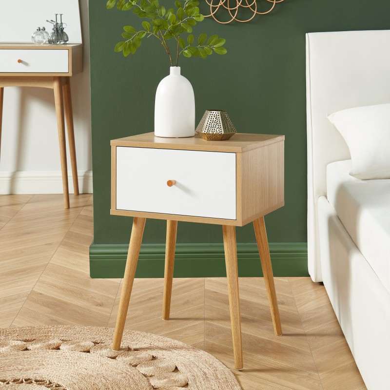 Table de chevet HORTENSE blanc et effet chêne 40cm