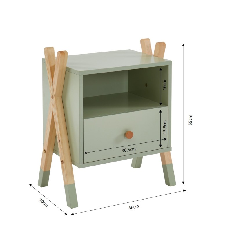 Table de chevet TIPI vert et pin massif 46cm