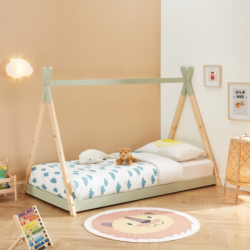 Lit enfant tipi TINY vert et pin massif 90x190 sommier inclus
