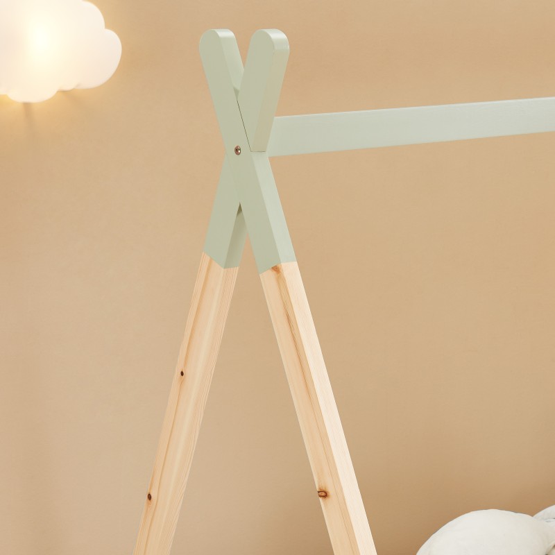 Lit enfant tipi TINY vert et pin massif 90x190 sommier inclus