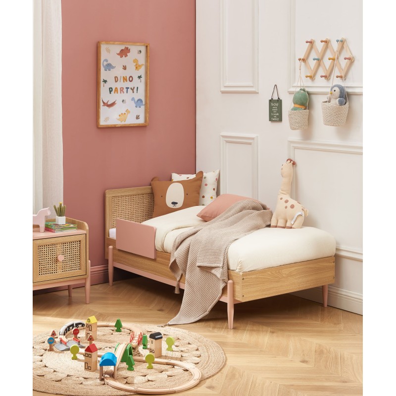 Lit enfant PABLO rose et cannage rotin 70x140 sommier inclus