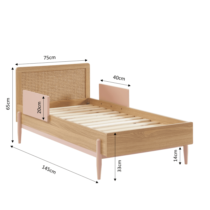 Lit enfant PABLO rose et cannage rotin 70x140 sommier inclus