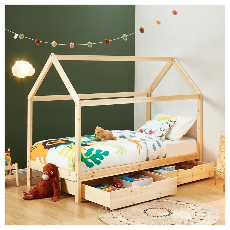 Lit cabane avec tiroirs TINY pin naturel 90x190 sommier inclus