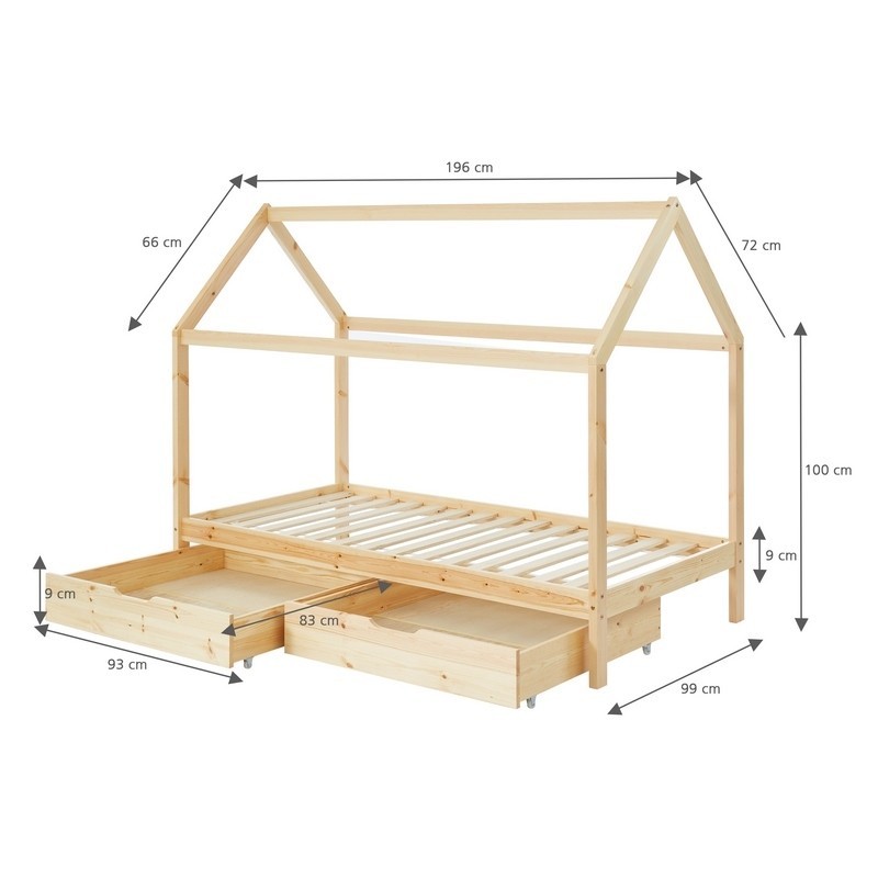 Lit cabane avec tiroirs TINY pin naturel 90x190 sommier inclus