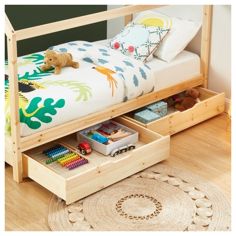 Lit cabane avec tiroirs TINY pin naturel 90x190 sommier inclus
