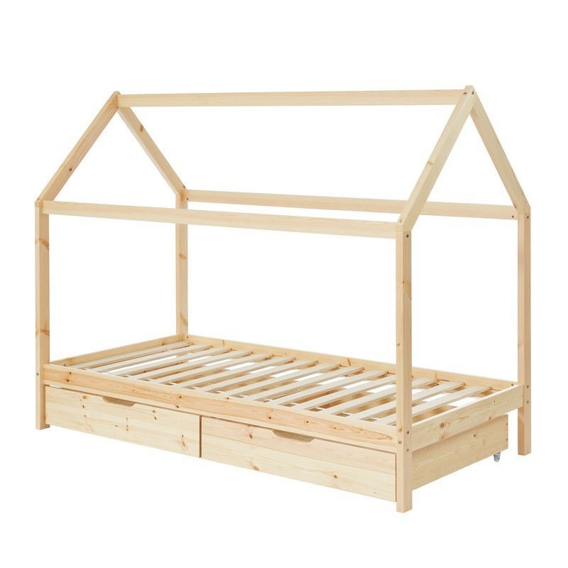 Lit cabane avec tiroirs TINY pin naturel 90x190 sommier inclus