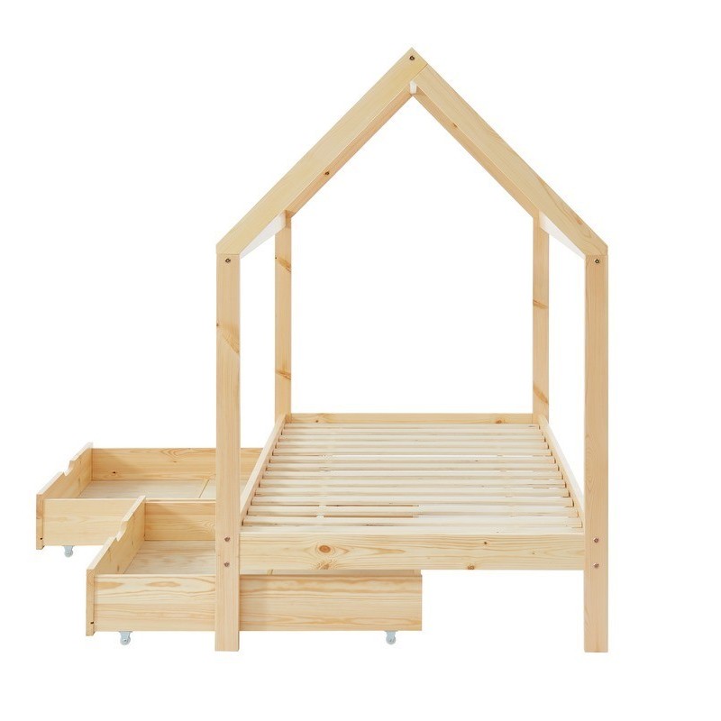 Lit cabane avec tiroirs TINY pin naturel 90x190 sommier inclus
