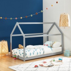 Lit enfant cabane TINY pin massif gris 90x190 sommier inclus