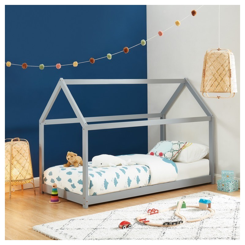 Lit enfant cabane TINY pin massif gris 90x190 sommier inclus