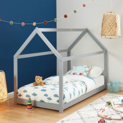 Lit enfant cabane TINY pin massif gris 90x190 sommier inclus