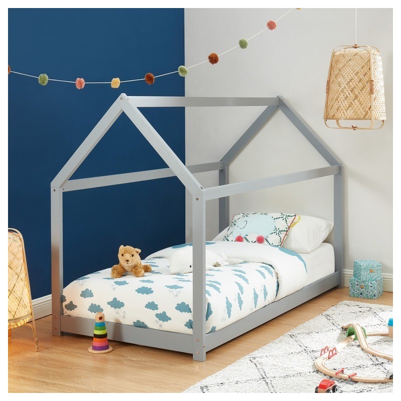 Lit enfant cabane TINY pin massif gris 90x190 sommier inclus