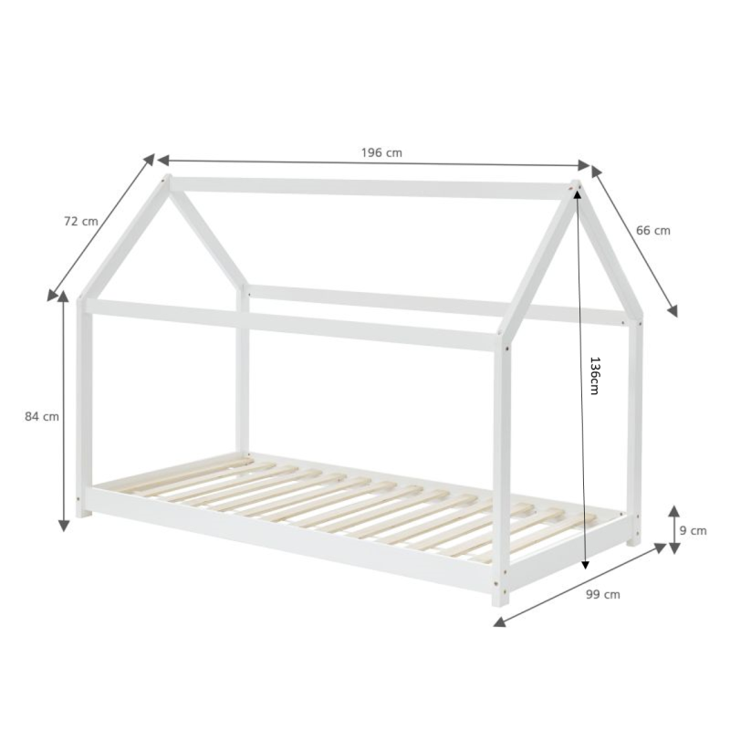 Lit enfant cabane TINY pin massif blanc90x190 sommier inclus