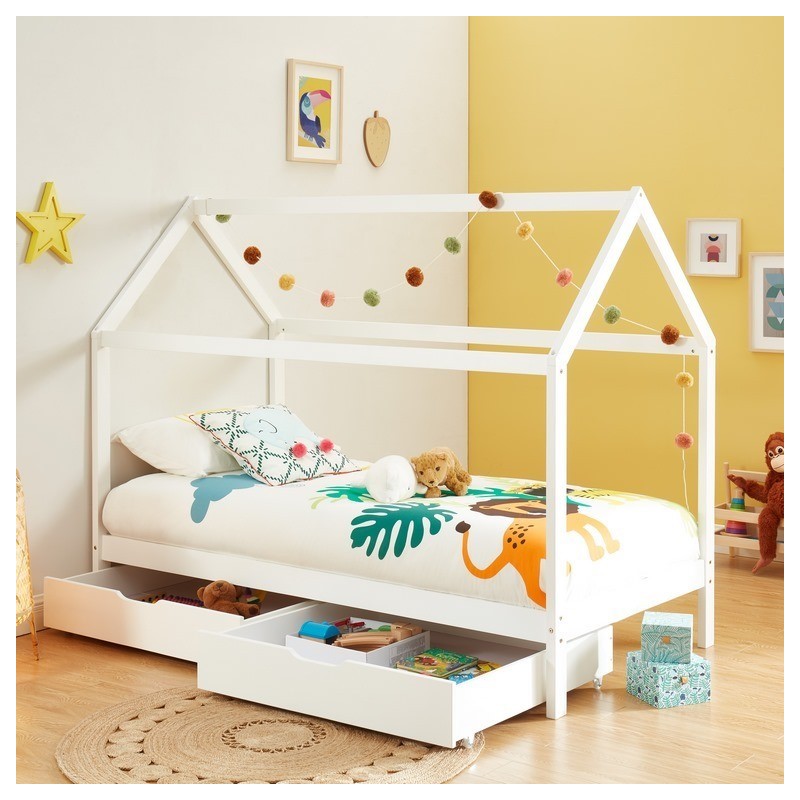 Lit cabane avec tiroirs TINY pin massif blanc  90x190 sommier inclus