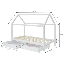 Lit cabane avec tiroirs TINY pin massif blanc  90x190 sommier inclus