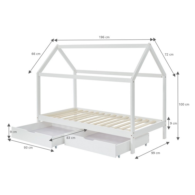 Lit cabane avec tiroirs TINY pin massif blanc  90x190 sommier inclus