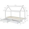 Lit cabane avec tiroirs TINY pin massif blanc  90x190 sommier inclus