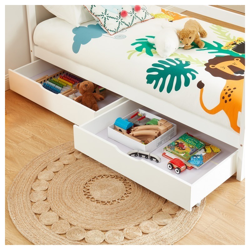 Lit cabane avec tiroirs TINY pin massif blanc  90x190 sommier inclus